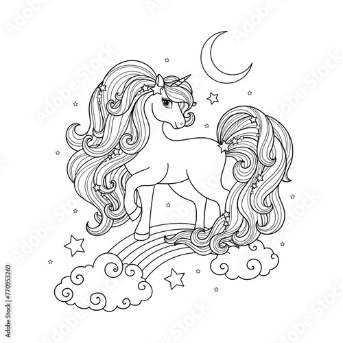 Beautiful unicorn with a long mane on a rainbow. Black and white linear drawing. Fantastic animal. For children's design of coloring books, prints, posters, stickers, cards, tattoos, etc. Vector