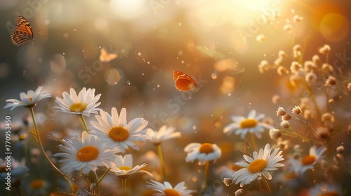 Sun-drenched daisies swaying gently in the breeze, with butterflies darting and flitting among the vibrant petals in a dance of nature. © Tanveer