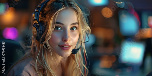 Young woman in a call center wearing headphones and holding a microphone managing tasks in a customer service hub. Concept Customer Service, Call Center, Headphones, Microphone, multitasking