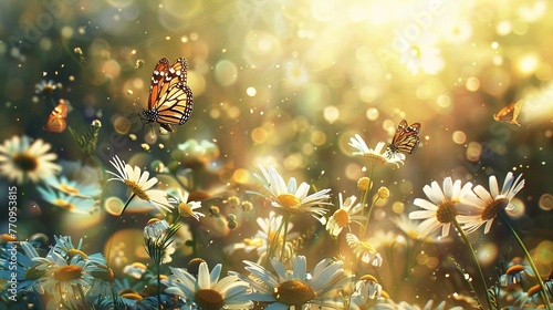 Sunlight filtering through a field of daisies, creating a dreamlike atmosphere where butterflies roam freely, adding a touch of magic to the summer scene.