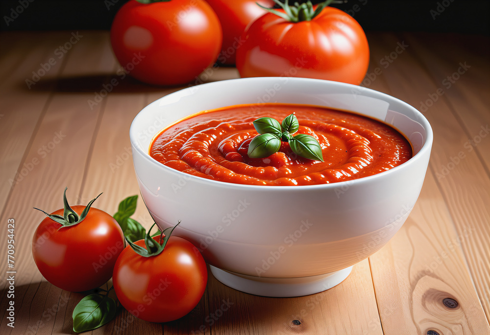 Close up tomato sauce in white ceramic cup on wood floor Close up tomato sauce in white ceramic cup on wood floor