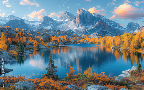 A breathtaking autumn mountain landscape with towering peaks, serene lakes reflecting the golden hues of fall foliage and lush greenery, Created with Ai