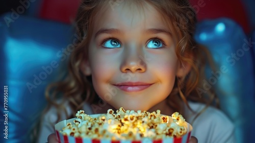A little girl with blue eyes holding a bowl of popcorn.