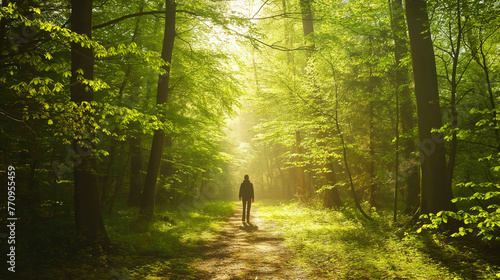 A man walks along a path through a mysterious spring forest, light shining through the young foliage