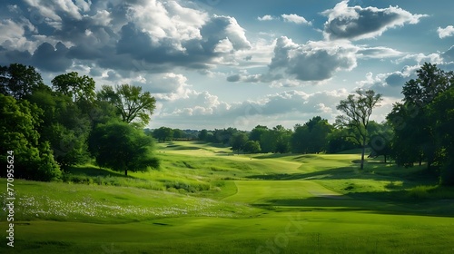 Summer landscape with green grass and clouds. Generative AI