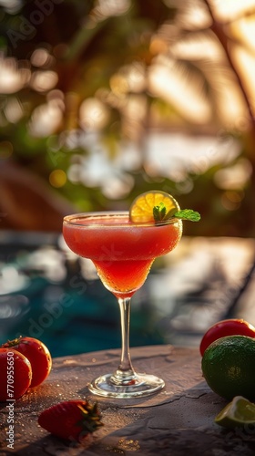 Pink Cocktail by Poolside Table