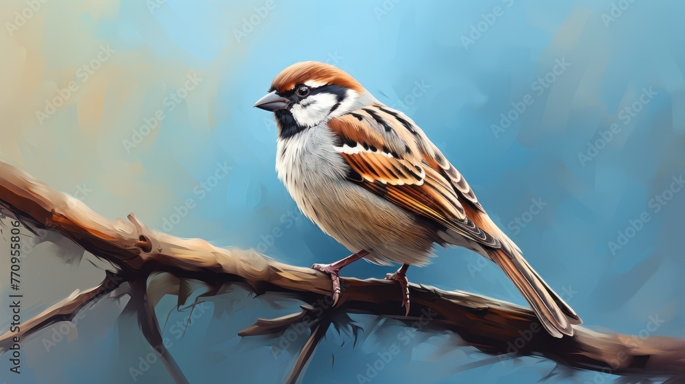 A small sparrow sits on a bare branch against a blue background. A small sparrow sits on a bare branch against a blue background.