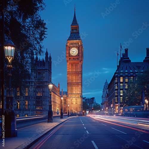Londons Big Ben, blue hour, wide shot, historic charm for classic city background , high-resolution