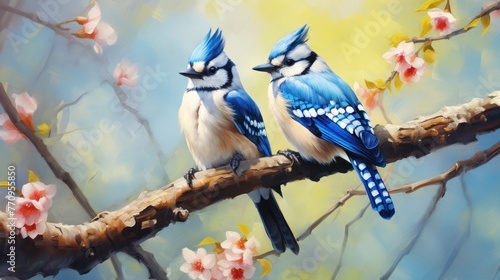 Two blue jays sit on a branch of a cherry blossom tree. The branch is brown, curved, the birds sit quite close to each other. The background is blurry yellow-blue.