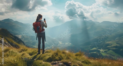 Woman hiking and checking GPS maps location on mountains in adventure, wellness and health with nature and cityscape. Person with backpack and trekking photography on green hill, travel or eco friendl photo