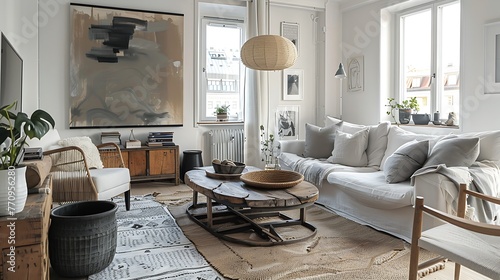 Interior design of living room at nice scandinavian apartment with stylish furnitures and elegant accessories photo