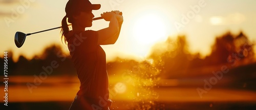 Young junior female golfer practicing to stroke in a golf course ground with the beautiful sun setting scenery nature environment. Golf practicing. Golfing golf course. Generative AI
