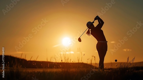 Young junior female golfer practicing to stroke in a golf course ground with the beautiful sun setting scenery nature environment. Golf practicing. Golfing golf course. Generative AI