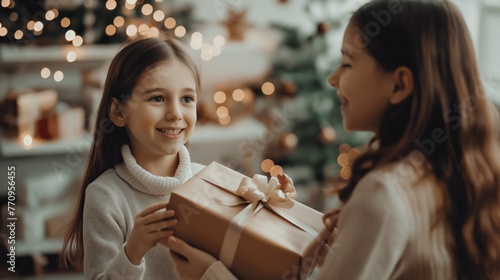 Duas crianças trocando presentes em um momento de alegria e gratidão photo