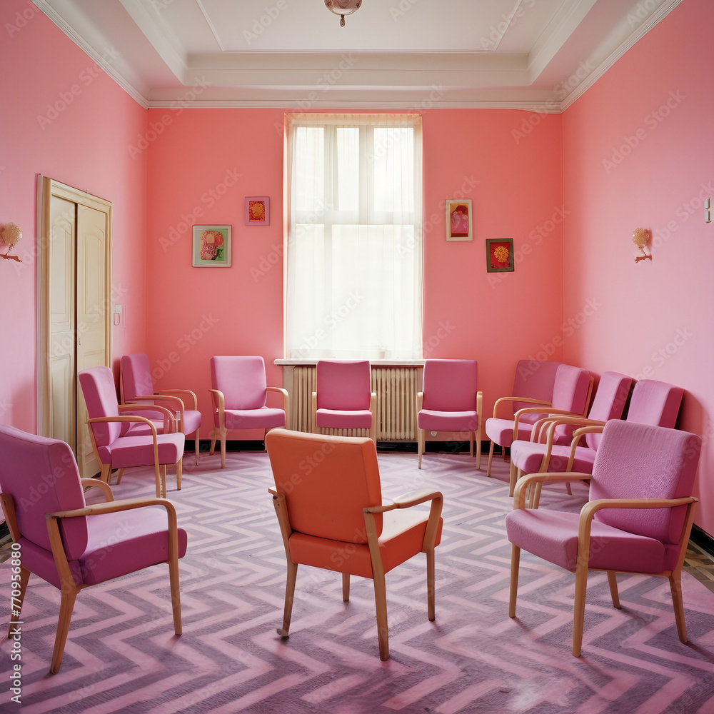 Fototapeta premium Interior of a pink room with colored chairs armchair