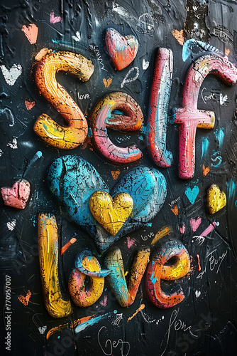 Illustration with a colorful lettering - Self love, graffiti and hearts, in chalk design style on a black background. The pattern is perfect for the design of posters, cards, banners, chalk boards