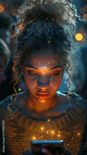 Woman Looking at Glowing Cell Phone