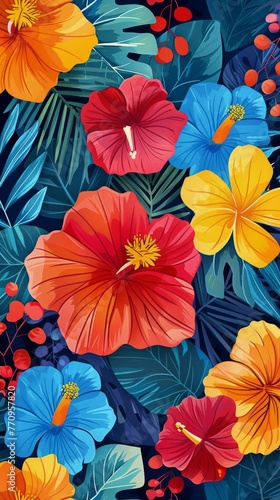 Colorful Flowers Painting on Blue Background