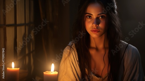A woman with long brown hair sits in a dark room in front of two lit candles. Looks at the camera.