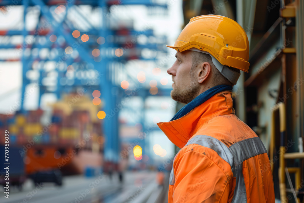 An engineer or dock-worker mooring a ship in a container port, with the ship and cranes in the background An engineer or dock-worker mooring a ship in a container port, with the ship and cranes in the background