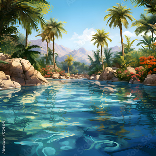 Beautiful tropical landscape with palm trees and swimming pool - illustration for children