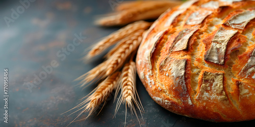 a fresh, ruddy loaf of bread lying on a dark background next to wheat ears,a place for text,the concept of a bakery business, bakery shops, shops, bread production