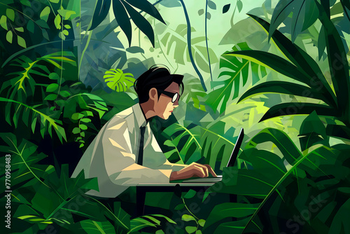 an engrossed software engineer working at a laptop in a dense jungle, flat 2D illustration,side view,the concept of freelancing,remote work,remote work,online life