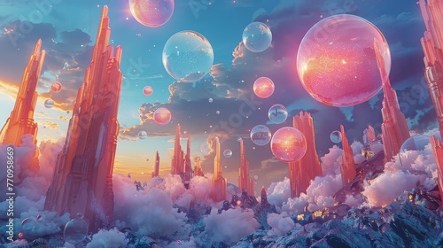 A surreal landscape where colorful, glowing speech bubbles of varying sizes float among towering