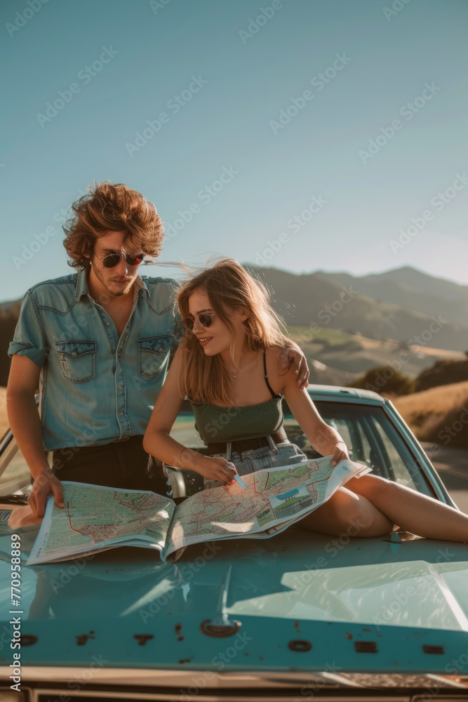 A couple leaning on the hood of their car, reading a map during a road trip