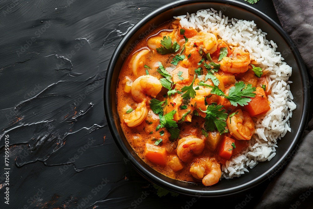 Top view of chicken and prawn curry with sweet potato and rice in a bowl on a black background Top view of chicken and prawn curry with sweet potato and rice in a bowl on a black background