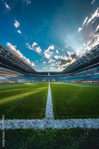 Expansive Football Stadium Under Blue Sky Captured From the Field at Sunset. AI.