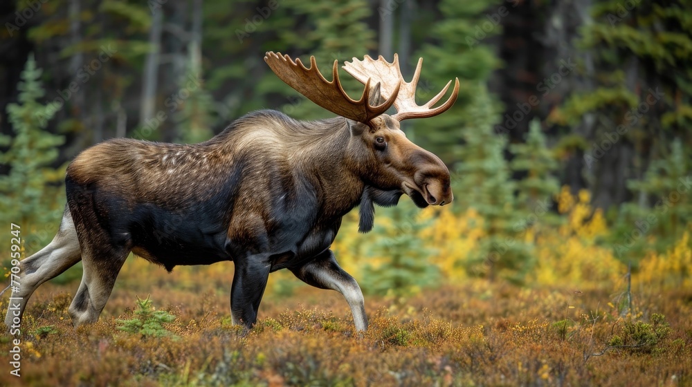 Regal moose strides through dense Canadian forest