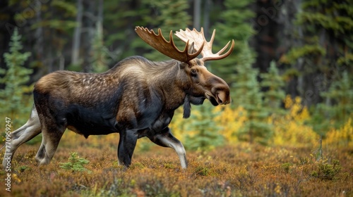 Regal moose strides through dense Canadian forest