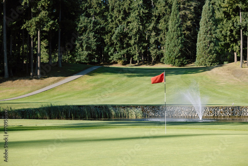 Golf course flag on green.