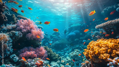 The environment  A coral reef teeming with colorful marine life