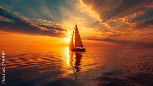 A sailboat is sailing on a calm ocean at sunset. The sky is filled with clouds and the sun is setting, creating a beautiful and serene atmosphere