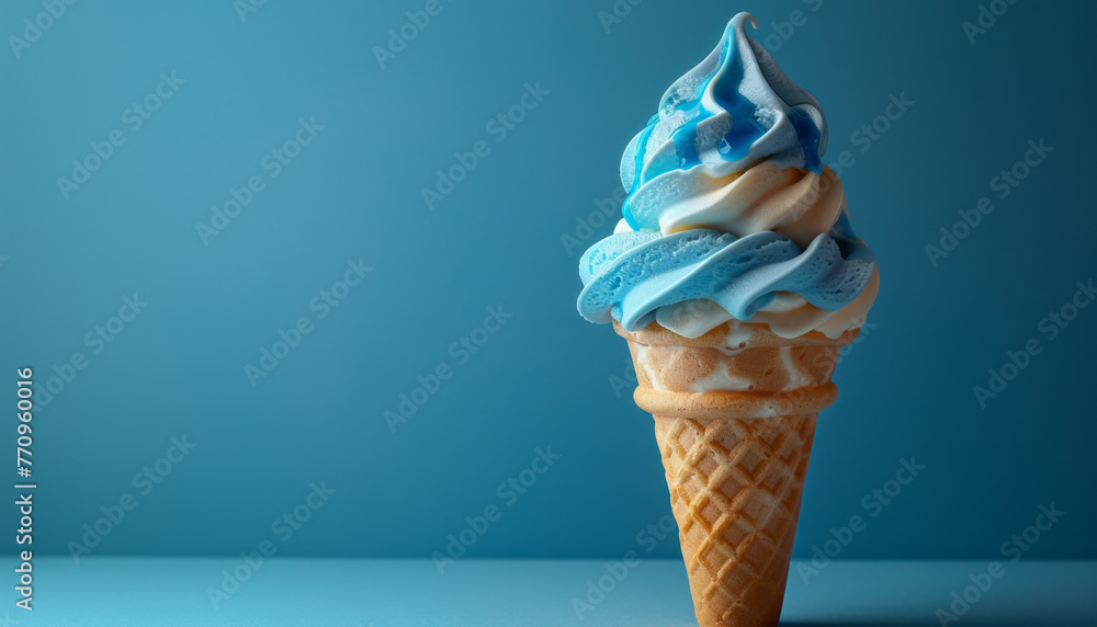Ice cream cone: vanilla swirl, blue syrup, perfect treat.generative ai