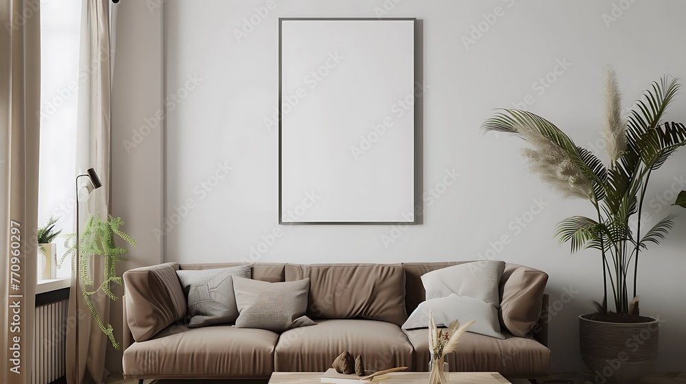 living room interior with mock up poster frame brown sofa beige coffee table decoration pillow and personal accessories