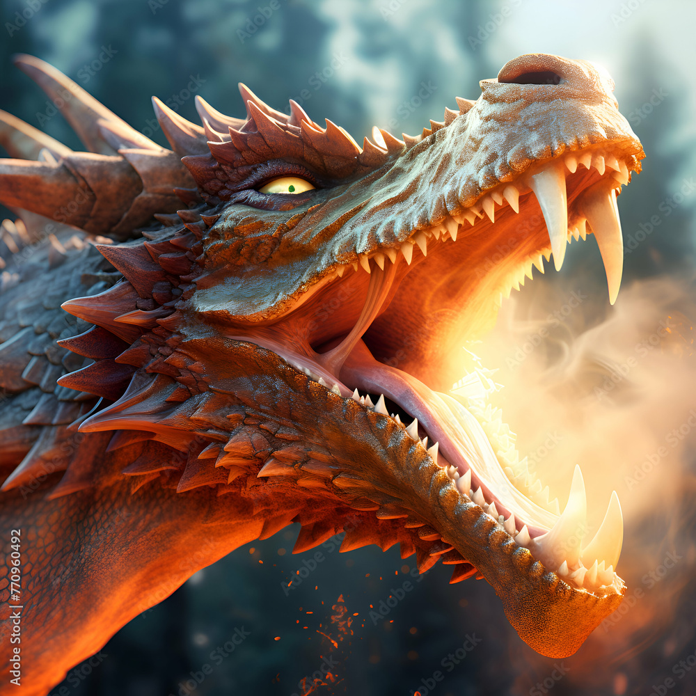 3D rendering of a fantasy dragon with fire flames in the background