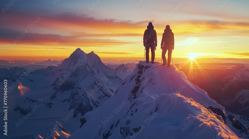 Two people standing on a snow covered mountain peak with the sun setting behind them. Scene is serene and peaceful, as the two people are enjoying the beauty of the sunset