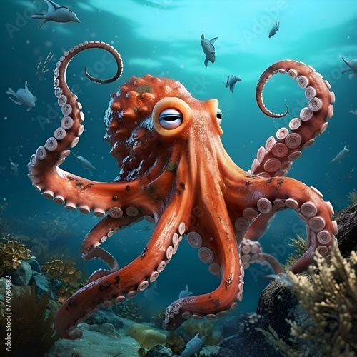 Octopus in the Red Sea. 3d illustration. Underwater world.
