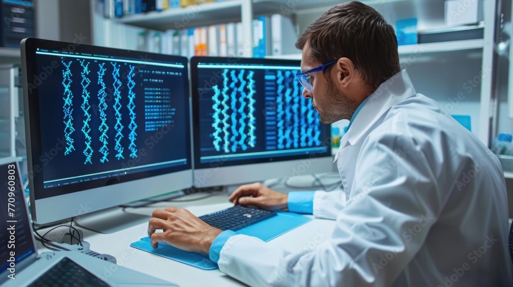 Scientist analyzing dna data on computer in laboratory Scientist analyzing dna data on computer in laboratory