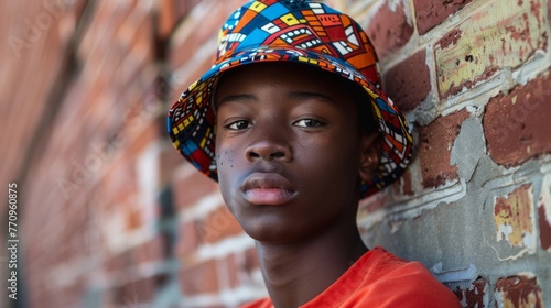 Young Boy Wearing Colorful Hat Leaning Against Brick Wall