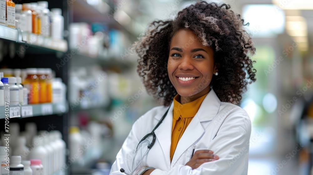 A cheerful beautiful smiling African-American female pharmacist with curly hair, standing next to the pharmacy shelves A cheerful beautiful smiling African-American female pharmacist with curly hair, standing next to the pharmacy shelves