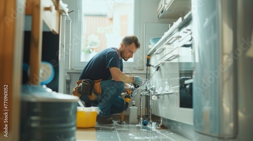 Kitchen, maintenance and renovation with a plumber on the floor of a home to fix a leak, issue or problem. Plumbing, repair and tools with a handyman or contractor working on a pipeline in a house