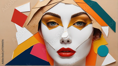 Abstract collage art composition of beautiful woman portrait, colorful wallpaper modern art. © triocean