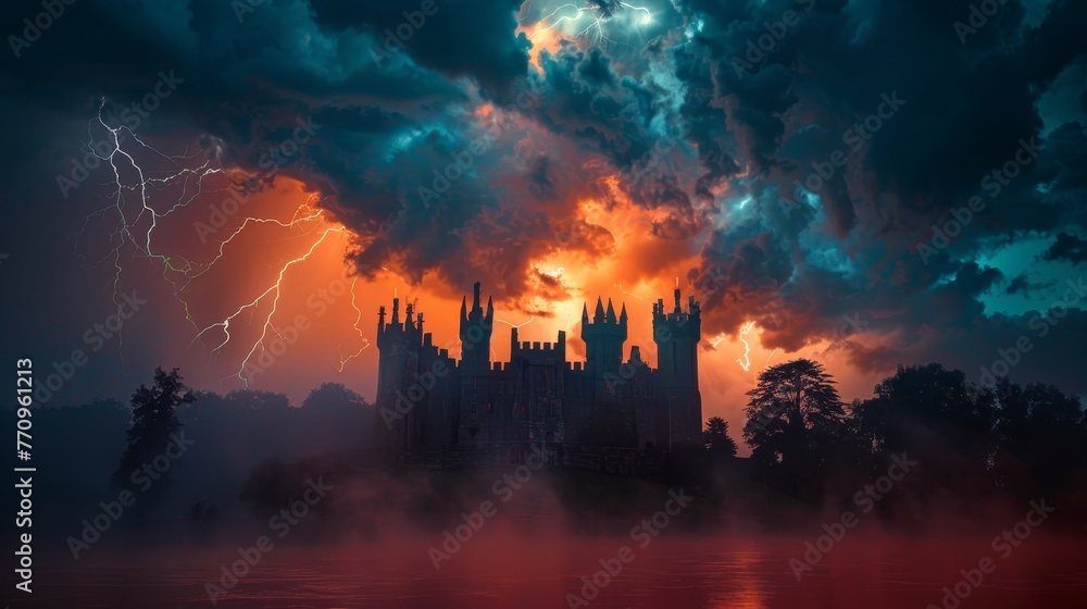 A castle is shown in the foreground with a storm in the background. The castle is surrounded by a foggy mist and the sky is filled with lightning. Scene is eerie and ominous