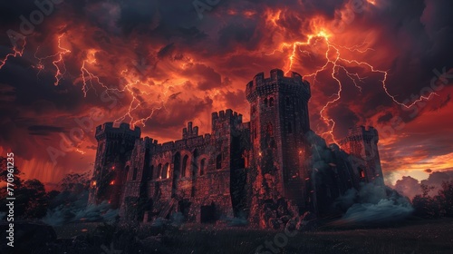A castle is surrounded by a storm with lightning bolts striking it. The castle is old and has a spooky atmosphere