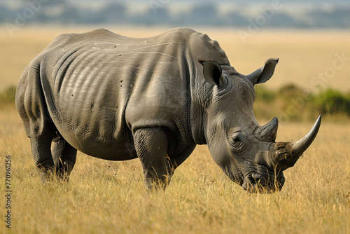 A rhino is eating grass in a field