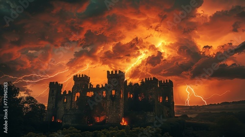 A castle is surrounded by a storm with lightning bolts striking the building. Scene is ominous and foreboding